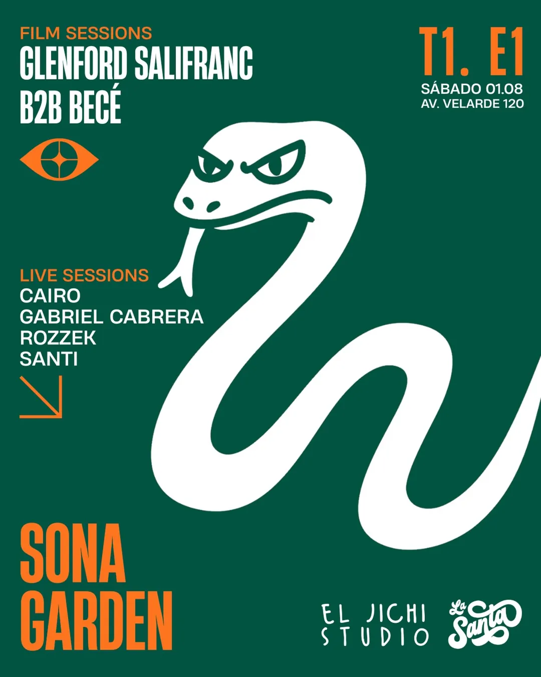 Flyer de El Jichi Showcase Sona Garden, con la serpiente y la fecha del evento